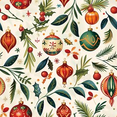 A seamless pattern displaying Christmas ornaments and wrapping paper with botanical holiday designs, meticulously arranged for a natural look