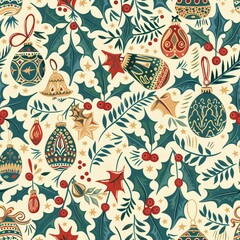 A seamless pattern showcasing Christmas ornaments and wrapping paper with traditional holiday icons like bells, holly, and mistletoe, intricately designed