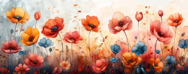 Abstract spring garden with blooming flowers in watercolor.