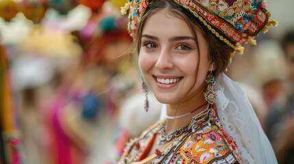 Smiling Young Woman in Traditional Folk Costume at Cultural Festival