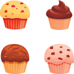 Tasty muffin icons set cartoon vector. Cupcake various flavor and color. Sweet food, dessert