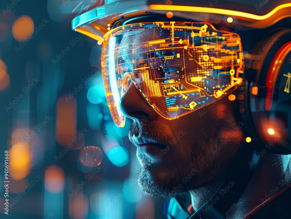 Aufkleber futuristic construction engineer with ar helmet displaying real-time data.