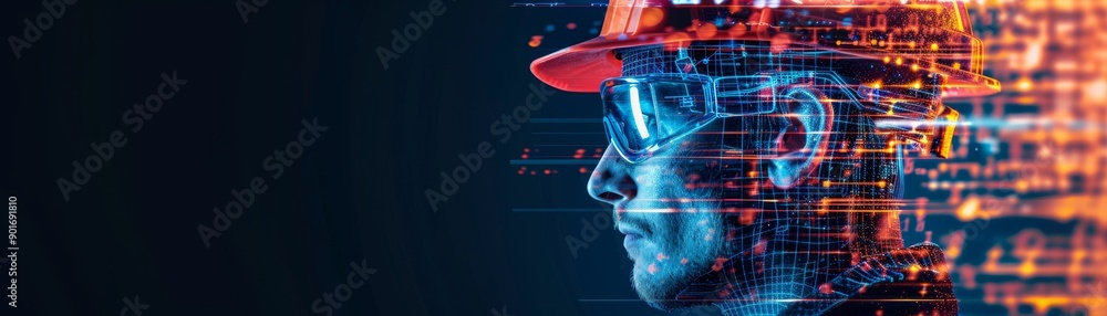 Poster digital transformation in construction - engineer with helmet and digital blueprints projection, sid