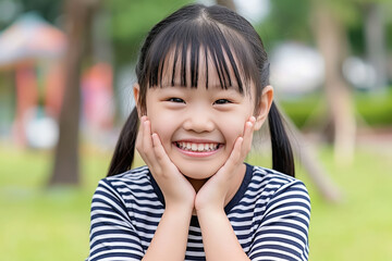 A smiling girl in a striped shirt enjoying a sunny day at the park surrounded by greenery and playground equipment