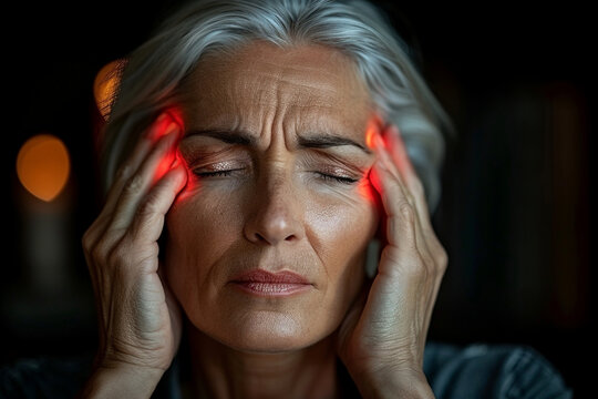 Middle-aged woman massaging her temples, red showing migraine pain