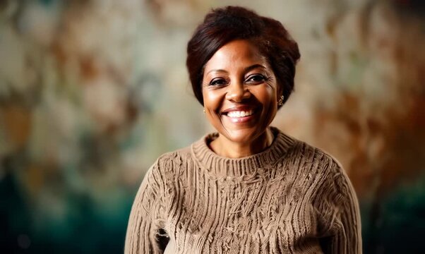 Medium shot portrait video of a grinning woman in her 40s that is wearing a cozy sweater against an abstract background