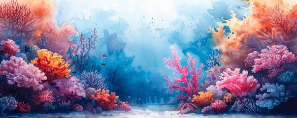 Abstract underwater world with coral in watercolor.