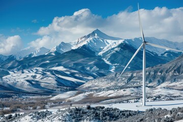 Wind Turbine Overlooking Snowy Mountain Landscape