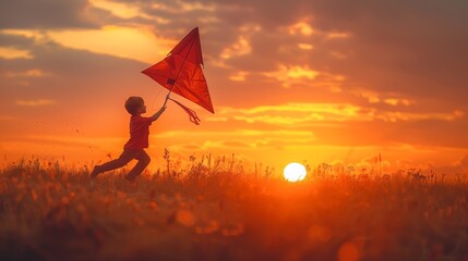 Child Joyfully Flying a Red Kite During Sunset in a Golden Field