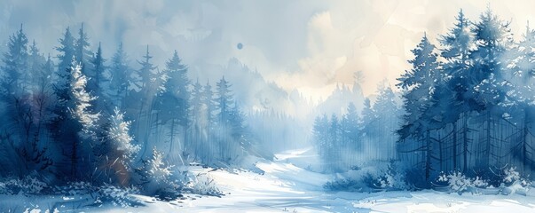Abstract winter forest with snow-covered trees in watercolor.