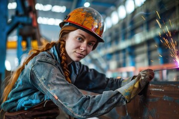 Woman industrial welder with blowtorch at work