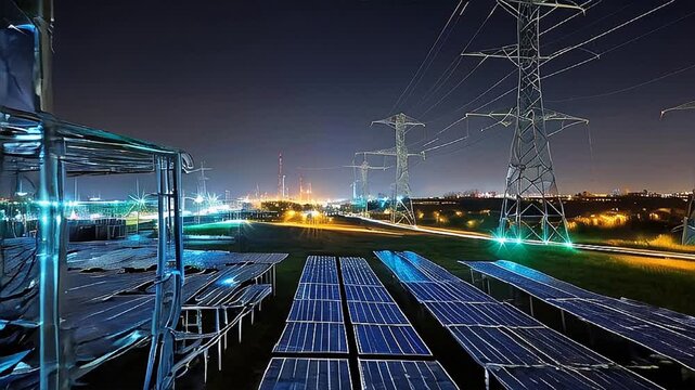 Nigh time shots of solar panels being used for green energy, environmental concept for a better planet. Eco friendly lifestyle and renewable energy concept by reducing the carbon footprint.