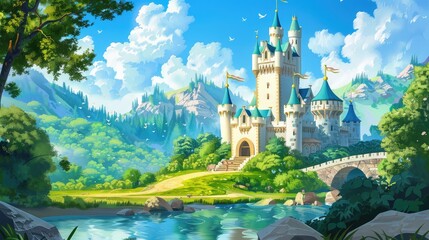Obraz premium A bizarre and lively fairytale castle landscape with a magical kingdom. Suitable for children's books.