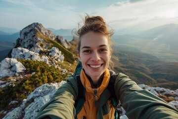 Naklejka premium Young hiker woman taking selfie portrait on the top of beautiful mountain
