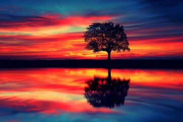 Obraz premium A stunning sunset reflects on a tranquil body of water, featuring a solitary tree against vibrant hues of red, orange, and blue in the sky