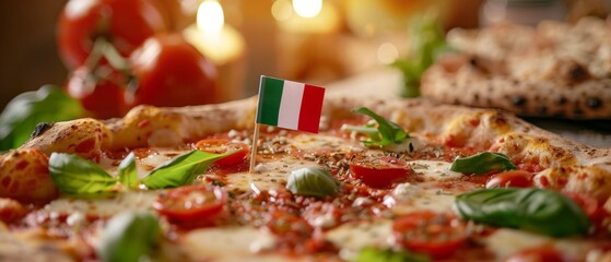 A delicious pizza topped with fresh tomatoes, basil, and cheese, featuring a small Italian flag, set against a warm, inviting background with candles