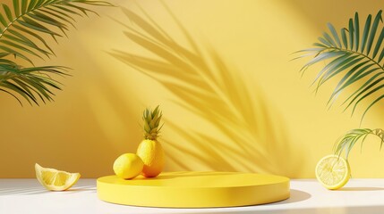 Obraz premium Products stand on yellow podium background, 3d tropical scene, palm beauty, cosmetics mockup, abstract table, autumn food sign.