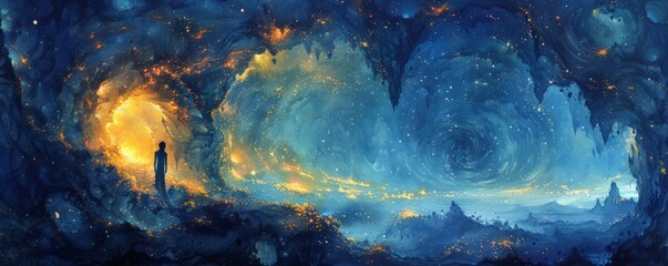 Obraz premium A man stands in front of a large spiral in the sky