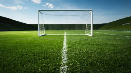 Fototapeta premium A pristine soccer field with goal posts and lush green grass