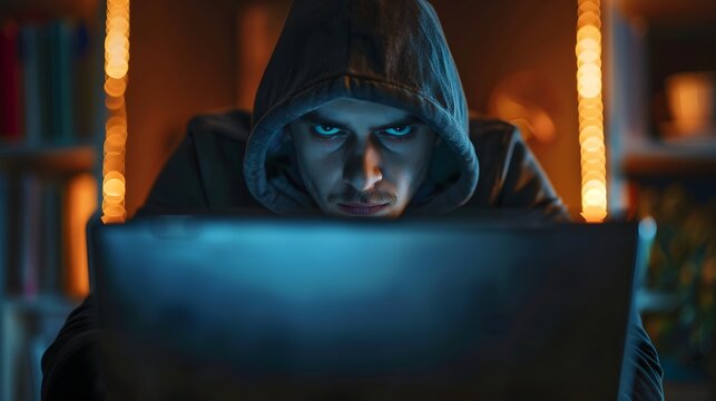 Hacker in Hooded Sweatshirt Working on a Laptop in Dark Room