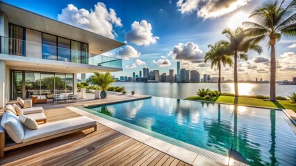 Fototapeta premium Contemporary Miami mansion with sleek pool and sun-kissed patio overlooking breathtaking cityscape, featuring tranquil Bayside Beach with docked sailboats in distance.