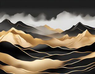 Obraz premium Black and gold mountain, hills, sea horizontal wall art. 