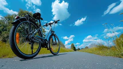 Fototapeta premium Exploring the Horizon: Electric Bicycle on Blue Sky Day