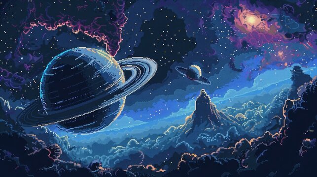 Mesmerizing extraterrestrial pixel art scene with a large textured planet and a distant ringed planet set against a starry nebula
