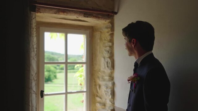 Groom Looking Out Window Before Wedding Ceremony