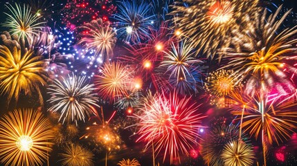 Naklejka premium Bright Fireworks Bursts in Night Sky