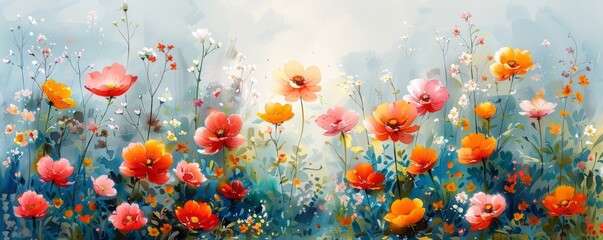 Obraz premium Abstract spring garden with blooming flowers in watercolor.