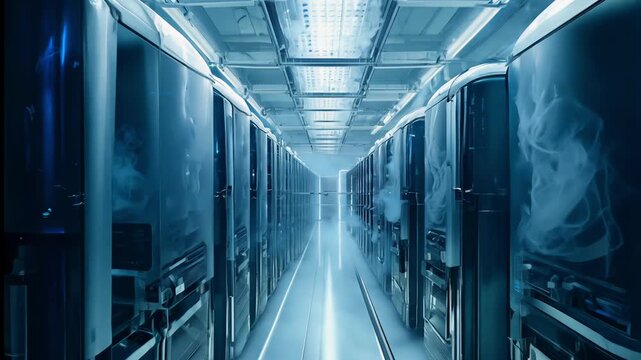 Advanced cryogenic storage system with illuminated chambers in a tech facility. Cryogenic Chambers for freezing bodies