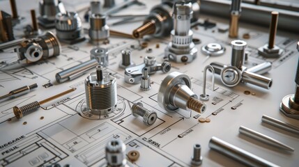 Neatly arranged mechanical parts on engineering drawings, highlighting the precision and detail involved in mechanical design and manufacturing
