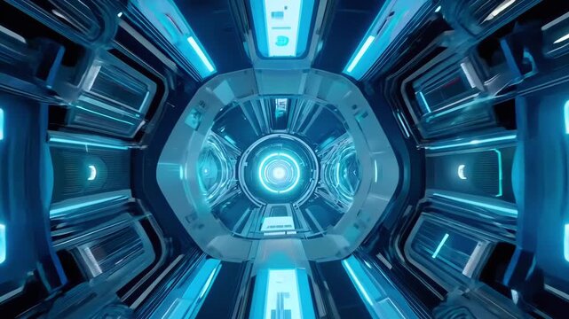 view inside of futuristic space shuttle with a blue and silver interior