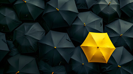 Banner with a yellow umbrella on a background of black umbrellas. Concept template of exclusivity, safety and leadership with space for text