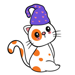 White Cat with Yellow Spots Wearing a Purple Hat - Happy Halloween Vector Clipart Illustration.