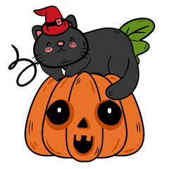 Black Cat Wizard Hugging Jack-o'-Lantern - Halloween Vector Clipart and Illustration.
