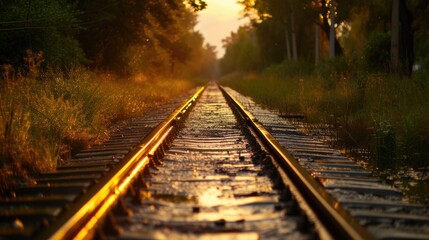 Obraz premium Evening Serenity on Wet Train Tracks