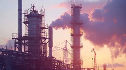 Fototapeta premium Petrochemical Tower with Cranes at Dusk