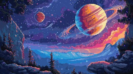 Naklejka premium Pixel art depicting a mesmerizing extraterrestrial scene with a large textured planet and a distant ringed planet against a starry nebula, evoking cosmic wonder