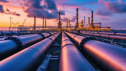 Closeup of Gas Pipes and Industrial Cranes at Dusk