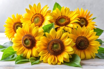 Obraz premium Vibrant yellow petals and dark centered sunflower blooms accompanied by lush green leaves are arranged in a beautiful still life composition on a white background.