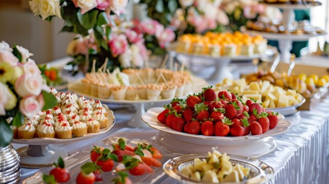 Dessert table with strawberries and assorted pastries