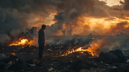 Earth day, an Indian man standing in a burning garbage dump, with smoke and fire, broken buildings.