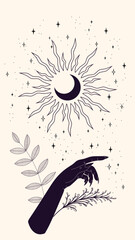 magic astrology concept art hand with moon and sun and strars on light background