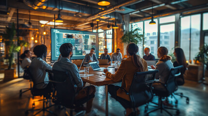 Fototapeta premium Business meeting of professionals working and discussing in the conference room with digital screen and laptops