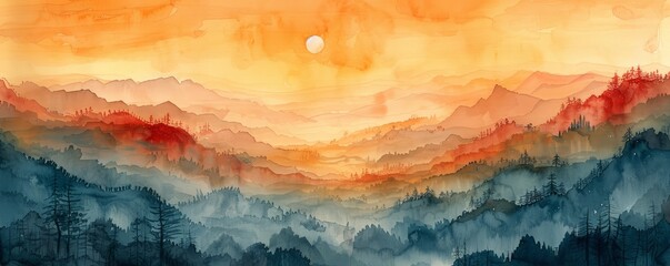 Abstract sunrise over a foggy valley in watercolor.
