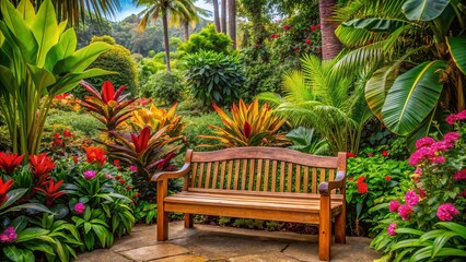 Fototapeta premium Vibrant tropical flowers and lush greenery surround a serene wooden bench, evoking a sense of tender love and warmth, in a beautiful Hawaiian garden setting.
