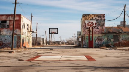 Obraz premium Abandoned basketball court with hoops and painted lines