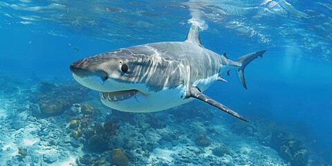 Fototapeta premium Majestic Shark Swimming in the Deep Sea. Aquatic Life concept